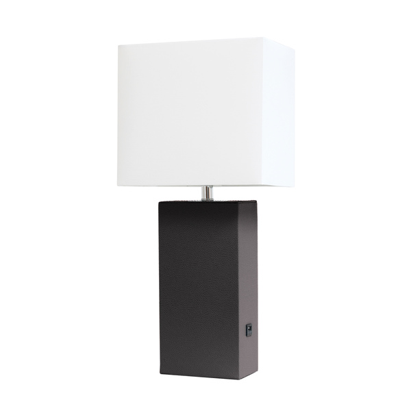 Elegant Designs Modern Leather Table Lamp with USB and White Fabric Shade, Brown LT1053-BWN